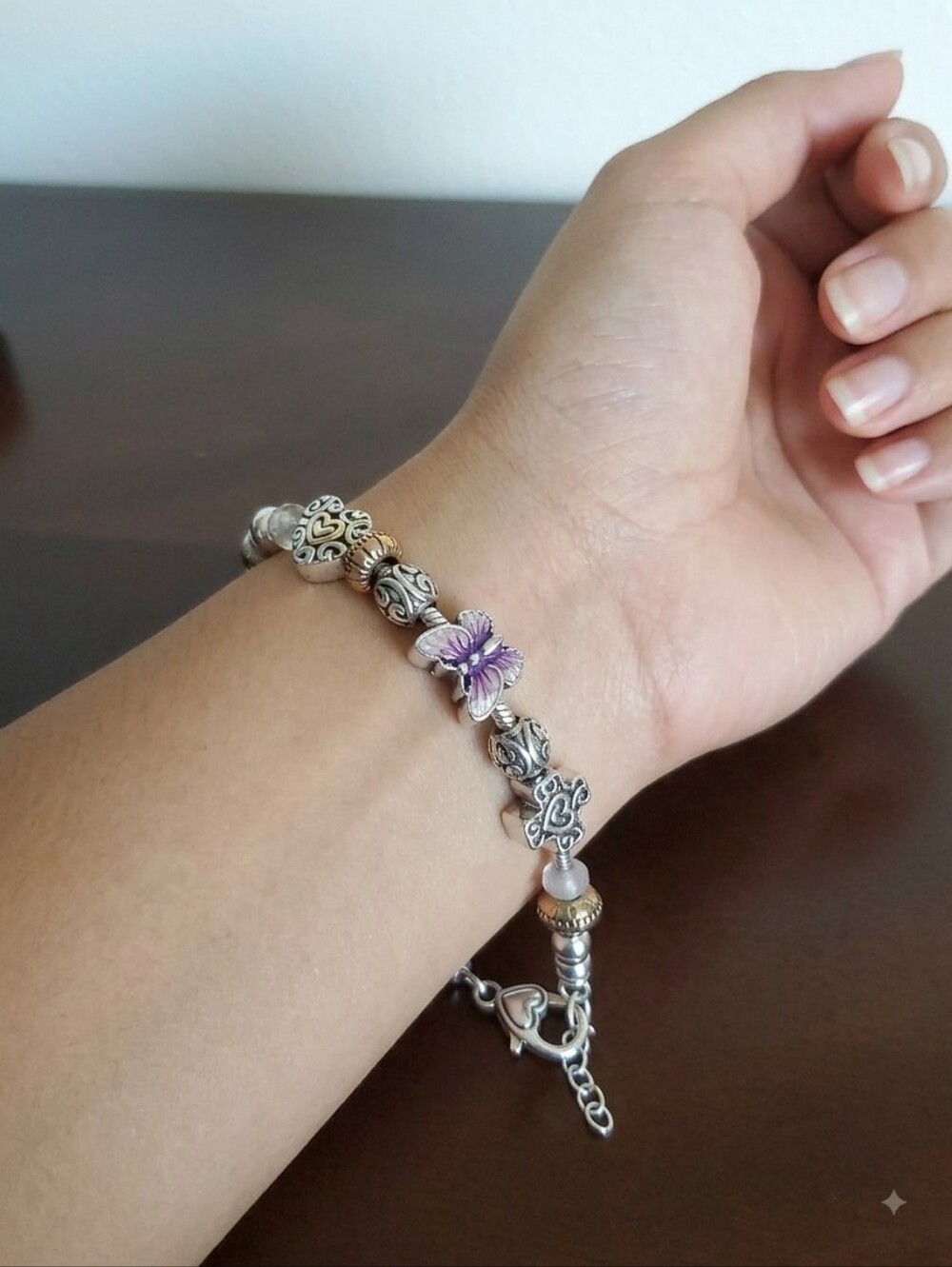 Silver Floral Charm Bracelet with Purple Accent